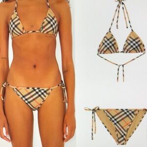 Burberry Tan Check Bikini with Black and Red Accents